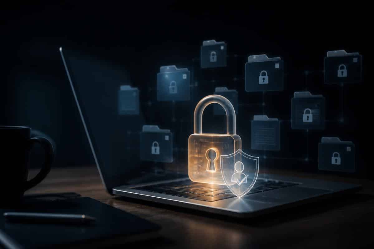 Laptop with a padlock and permission shield hologram over locked folders